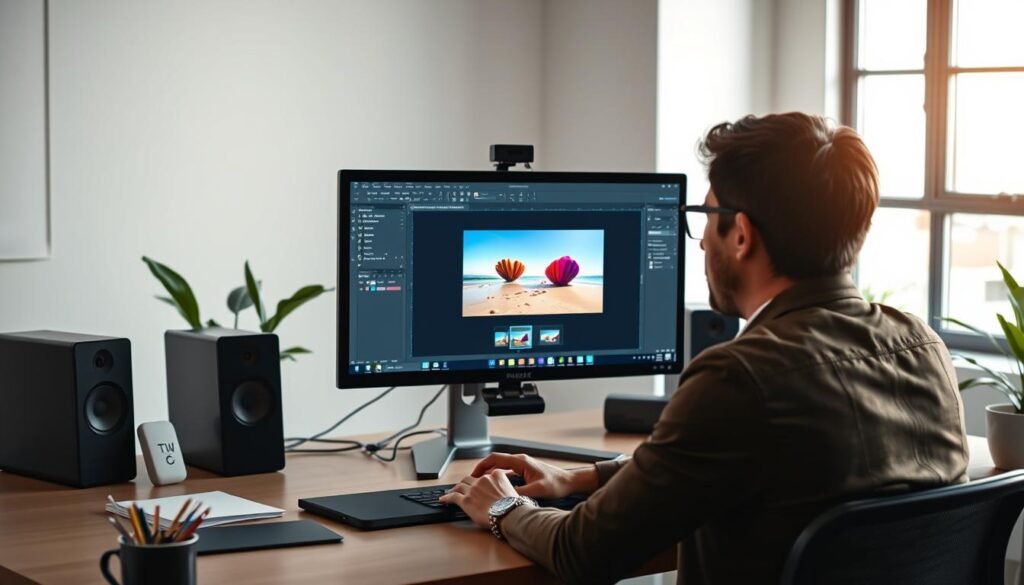 A modern, well-organized workspace featuring a sleek computer with Photoshop open, displaying an example of object removal using AI tools. In the foreground, a focused professional wearing smart casual attire is seated at the desk, intently analyzing the screen. The middle ground highlights a vibrant, colorful image being edited, showcasing before-and-after snapshots of an object being effortlessly erased. In the background, a large window lets in soft, natural light, illuminating the workspace's creative atmosphere. The overall mood is one of productivity and innovation, capturing the essence of professional photo editing tips and tricks in a visually engaging manner. The scene is shot from a slightly elevated angle for depth and perspective.