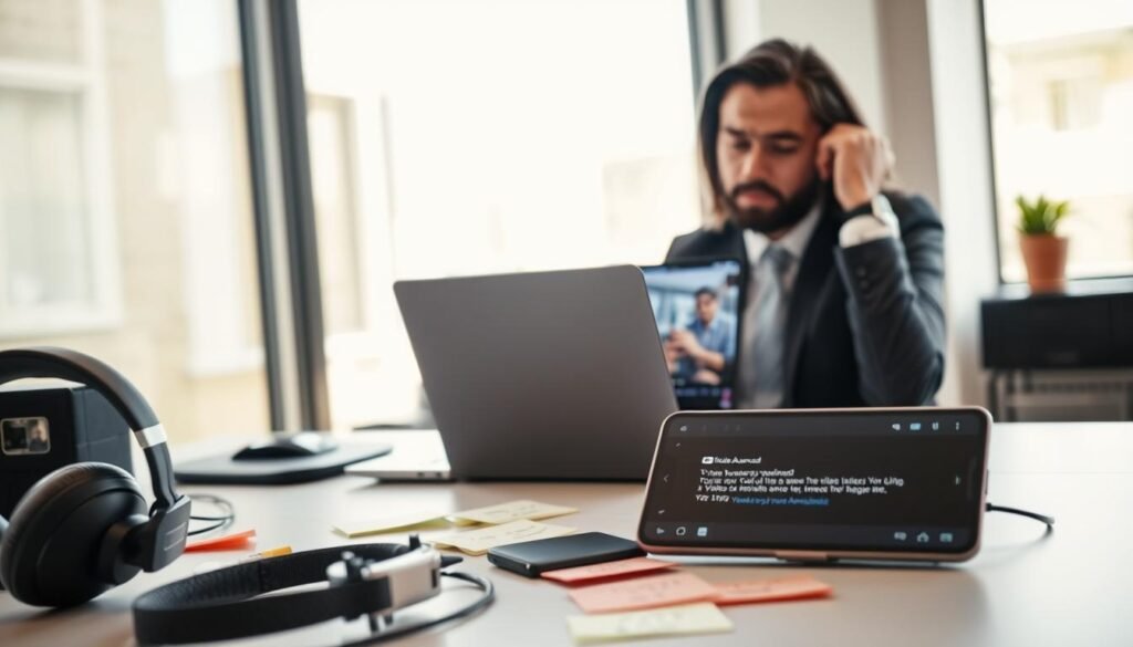 A modern workspace featuring a focused individual troubleshooting issues with a video application on a computer. In the foreground, the person, dressed in professional business attire, is sitting at a sleek desk with a laptop open, showing the YouTube Vanced interface. The middle ground includes various technical gadgets, such as headphones and a smartphone displaying error messages, and sticky notes with tips. The background features a large window with soft, natural light pouring in, highlighting a bright and tech-savvy environment. The mood is one of concentration and problem-solving, with a hint of concern on the person's face as they navigate through common issues. The angle captures a dynamic perspective, emphasizing the intricacies of troubleshooting applications.