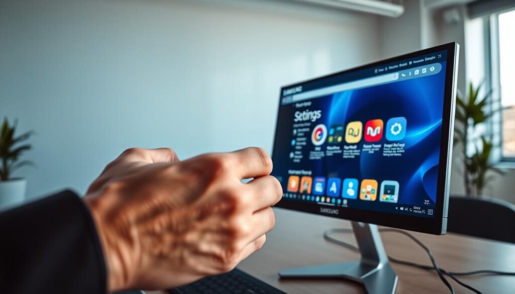 A modern workspace featuring a sleek computer displaying the Samsung Internet browser with five tabs open, showcasing a lightweight interface. In the foreground, a close-up of a hand adjusting browser settings, symbolizing manual optimization, while the middle shows a glowing monitor with vibrant, crisp visuals. The background features a minimalistic office environment with subtle gradients of blue and white, hinting at a tech-savvy atmosphere. Soft, natural light streams in from a nearby window, creating a serene mood. Use a wide-angle lens perspective to emphasize the interaction with technology, and ensure that any human subjects are dressed in professional business attire, appearing focused and engaged.