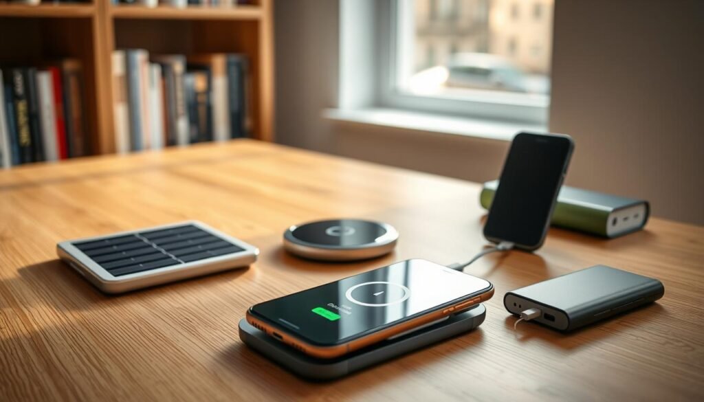 A modern workspace featuring a smartphone on a sleek wooden desk, surrounded by various alternative charging solutions like a solar charger, a wireless charging pad, and an eco-friendly power bank. The mood is calm and professional, with soft, natural lighting coming from a nearby window. In the background, a blurred bookshelf filled with technology books adds depth to the scene. The smartphone screen displays a charging icon, symbolizing rapid but safe charging methods. Capture the image from a slightly elevated angle to highlight the various charging devices while maintaining focus on the smartphone. Overall, the atmosphere conveys innovation and safety in technology.