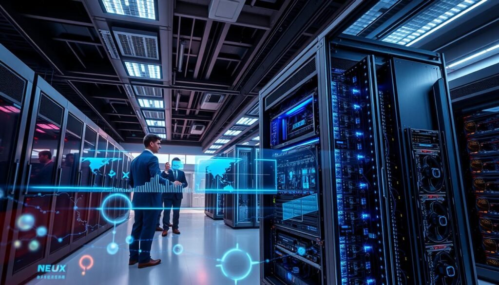 A powerful image of a high-tech supercomputer, showcasing its intricate hardware and cooling systems in the foreground. The supercomputer is surrounded by engineers in professional business attire, deep in discussion and analyzing data on holographic screens. In the middle ground, add visual representations of data processing, like graphs and molecular structures, subtly glowing to indicate real-time calculations. The background features a modern, sleek data center with rows of supercomputers and vibrant LED lights illuminating the space. Use dramatic overhead lighting to create a focused atmosphere, emphasizing the importance of the technology. The overall mood should convey innovation, teamwork, and the impact of Linux-based supercomputers on modern computing.