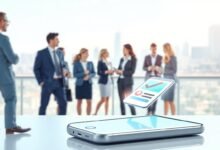 A professional and engaging illustration of a mobile phone registration concept. In the foreground, feature a modern smartphone with a glowing screen displaying an abstract representation of digital registration, such as a form or a checkmark. The middle ground should showcase a diverse group of people, dressed in business attire, engaged in conversation about mobile phone regulations, conveying a sense of collaboration and discussion. In the background, incorporate a subtle cityscape with clear skies, symbolizing connectivity and technology. Use bright, natural lighting to create a positive and informative atmosphere, with a slightly elevated angle to focus on the smartphone.