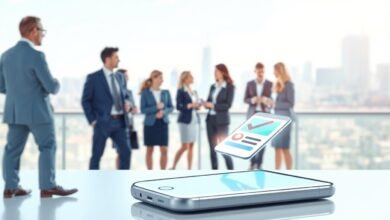 A professional and engaging illustration of a mobile phone registration concept. In the foreground, feature a modern smartphone with a glowing screen displaying an abstract representation of digital registration, such as a form or a checkmark. The middle ground should showcase a diverse group of people, dressed in business attire, engaged in conversation about mobile phone regulations, conveying a sense of collaboration and discussion. In the background, incorporate a subtle cityscape with clear skies, symbolizing connectivity and technology. Use bright, natural lighting to create a positive and informative atmosphere, with a slightly elevated angle to focus on the smartphone.