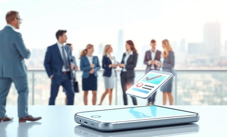 A professional and engaging illustration of a mobile phone registration concept. In the foreground, feature a modern smartphone with a glowing screen displaying an abstract representation of digital registration, such as a form or a checkmark. The middle ground should showcase a diverse group of people, dressed in business attire, engaged in conversation about mobile phone regulations, conveying a sense of collaboration and discussion. In the background, incorporate a subtle cityscape with clear skies, symbolizing connectivity and technology. Use bright, natural lighting to create a positive and informative atmosphere, with a slightly elevated angle to focus on the smartphone.