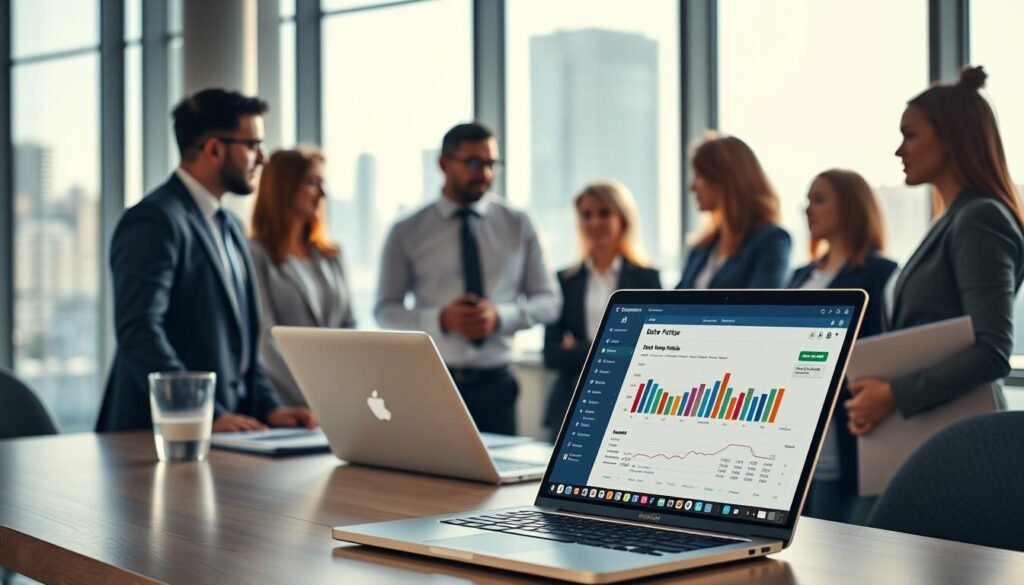 A professional and modern workspace featuring a diverse team of business professionals focused on data governance. In the foreground, a laptop displays a dashboard of third-party governance tools with graphs and analytics on screen. The middle area reveals team members discussing strategies, dressed in business attire, with a collaborative atmosphere. The background includes a large window allowing natural light to flood the room, showcasing a city skyline. The lighting is warm and inviting, with vibrant colors accentuating teamwork and innovation. The overall mood conveys a sense of purpose and security in managing data effectively. The angle captures the dynamics of teamwork while emphasizing the importance of strong governance in data management.