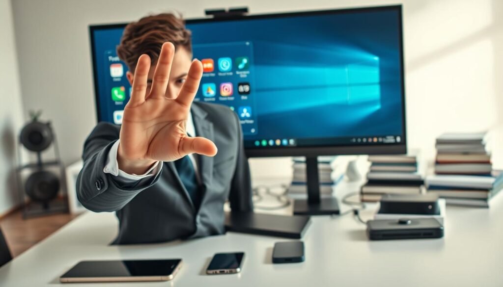 A professional depicts a workspace scene focused on solving bloatware issues. In the foreground, a sleek modern desktop with a dual-monitor setup displays colorful icons representing bloatware being uninstalled, alongside productivity apps. A person in professional business attire is engaged in the task, strategically blocking the screen to maintain focus. The middle ground features a clutter-free desk with tech gadgets and a smartphone, emphasizing an organized digital space. The background is softly blurred, showing additional tech tools like external drives and stacks of digital books. The lighting is bright and inviting, creating a tech-savvy yet calming atmosphere, evoking feelings of efficiency and innovation.