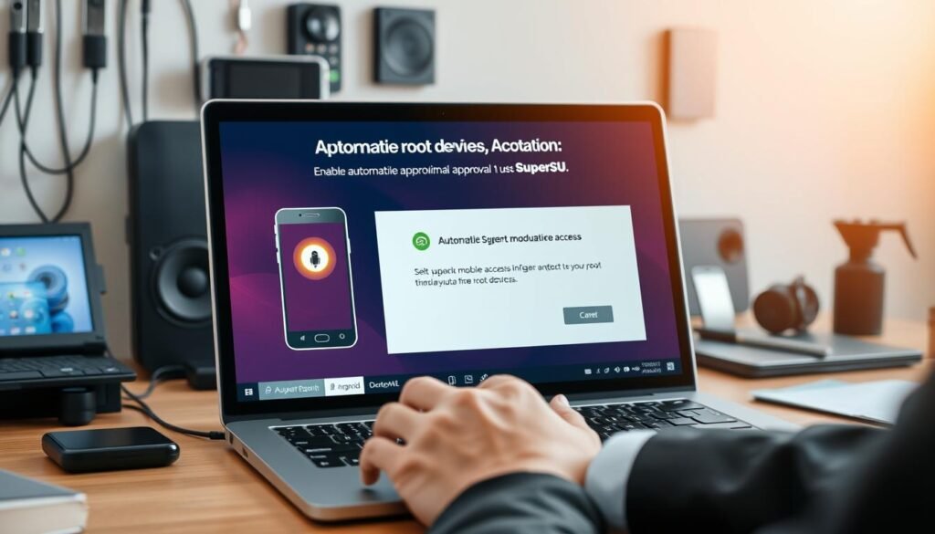 A professional workspace featuring a modern computer setup displaying a dynamic interface for automatic root access management using SuperSU. In the foreground, a sleek laptop is open with a vibrant screen showing a mobile device being rooted, highlighted by a glowing root icon. In the middle, a hand is poised over the keyboard, in business attire, illustrating the act of enabling automatic approval for root access. The background shows a softly blurred array of technological gadgets, enhancing the tech-savvy atmosphere. The lighting is bright yet warm, casting gentle shadows, conveying a sense of innovation and security within the realm of device management. The mood is focused and encouraging, reflecting a seamless integration of technology and user empowerment.