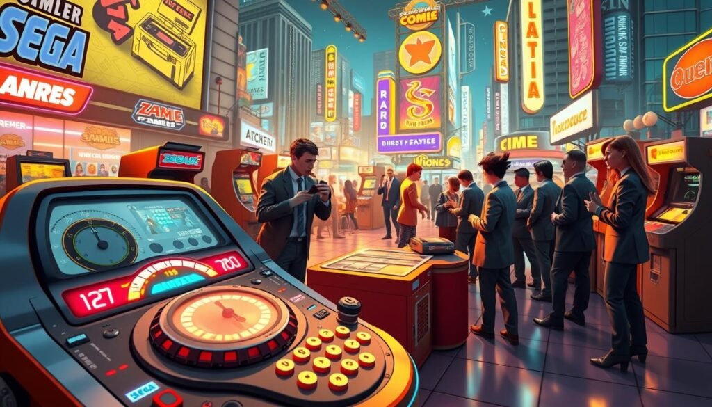 A retro-futuristic Sega time console set within a vibrant pop culture landscape. In the foreground, the intricate time console features analog dials, neon-lit buttons, and a holographic display showcasing classic Sega games. In the middle ground, enthusiastic gamers in professional business attire interact with the console, their excitement evident as they experience different eras of gaming. The background reveals a colorful cityscape filled with iconic pop culture symbols, reminiscent of the 80s and 90s, such as cassette tapes, arcade machines, and retro advertisements. A warm, nostalgic atmosphere is enhanced by soft, diffused lighting casting gentle shadows, creating a dynamic yet harmonious balance. Use a wide-angle lens to emphasize the connection between the console and its cultural significance.