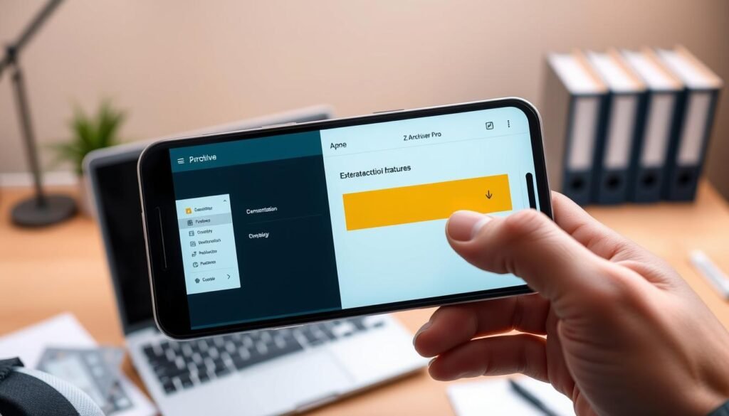 A sleek and modern interface of ZArchiver Pro displayed on a high-resolution smartphone screen prominently in the foreground. The phone is held by a person with professional business attire, showcasing a demonstration of file extraction features. The middle layer features a softly blurred background of a tidy workspace, with a laptop and organized folders suggesting productivity. Warm ambient lighting highlights the smartphone's screen, enhancing the visibility of the app's clean layout and functional buttons. The atmosphere should convey a sense of efficiency and tech-savvy professionalism, reflecting the advantages of ZArchiver Pro over similar applications. Capture the image from an angle that emphasizes the user experience, using a shallow depth of field for a polished, contemporary look.