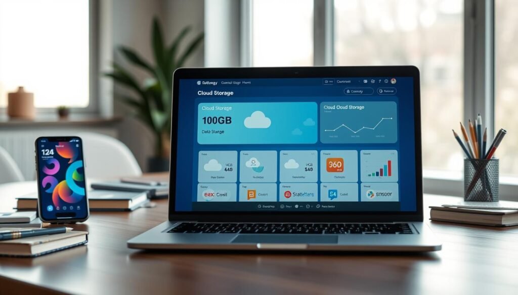 A sleek and modern workspace setting focused on the concept of cloud storage alternatives. In the foreground, a laptop is open, displaying an interface showcasing various 100GB cloud storage options, colorfully designed icons, and graphs representing data storage. To the left, a smartphone shows a cloud app with vibrant graphics. In the middle ground, a stylish desk with office supplies like notebooks and pens creates a professional atmosphere. The background features a large window letting in soft, natural light that casts subtle shadows, enhancing the inviting workspace feel. Use a warm color palette to evoke a sense of productivity and innovation. The overall mood is professional and inspiring, perfect for illustrating the theme of accessible cloud storage solutions.