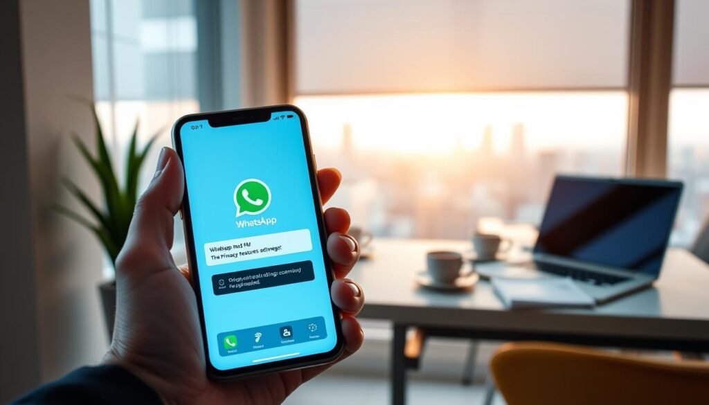 A sleek digital smartphone with the WhatsApp Mod FM interface displayed prominently on the screen, showcasing its unique privacy features. The foreground includes the phone held by a person wearing professional attire, emphasizing a serious yet modern ambiance. In the middle ground, a softly illuminated workspace with a laptop and background elements like a plant and coffee cup hints at a productive environment. The background features a blurred cityscape through a window, symbolizing connectivity and urban lifestyle. Use soft, diffused lighting to create a warm, inviting atmosphere while keeping the focus on the smartphone's screen. The overall mood should be tech-savvy and secure, reflecting the advanced privacy and security functionalities of the WhatsApp Mod FM.