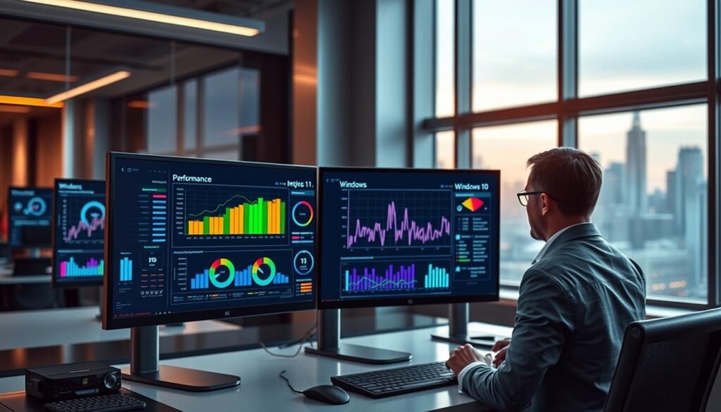 A sleek, high-tech office environment showcasing a modern workstation with a dual monitor setup displaying performance metrics and graphs of "Windows 11 vs. Windows 10." In the foreground, a professional figure in business attire is focused on analyzing data, exuding an atmosphere of productivity and critical thinking. The middle ground features additional screens with colorful real-time data visualizations, while the background has soft-focus elements of futuristic city skyline through a large window, illuminated by warm natural light. The overall mood is one of analysis and determination, highlighting the stability and performance of operating systems in a corporate setting.