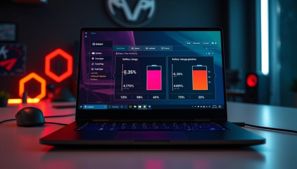 A sleek laptop with a vibrant gaming software interface displayed on its screen, showcasing the battery usage statistics of two software applications side by side. In the foreground, the laptop is positioned on a minimalist desk with subtle gaming decorations, such as a gaming mouse and keyboard. The middle ground features a softly blurred gaming setup, including ambient LED lighting to create a high-tech atmosphere. The background shows a dark room with light reflecting on the walls, enhancing the focus on the laptop screen. The overall lighting is dynamic, with a slight glow emanating from the screen, emphasizing the efficiency of the battery performance. The mood is energetic yet professional, appealing to gamers and tech enthusiasts alike.