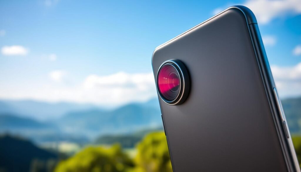 A sleek, modern Android smartphone prominently displayed in the foreground, showcasing its advanced periscope zoom camera lens with intricate details. The smartphone is set against a blurred, vibrant outdoor landscape, highlighting its photography capabilities. In the middle ground, a scenic vista featuring lush greenery and distant mountains under a bright, sunny sky is visible, conveying a sense of adventure and exploration. Soft, natural lighting enhances the image, casting gentle shadows while emphasizing the phone's sleek design. The camera is angled slightly to capture the smartphone's features and the beauty of the scene, creating an inviting and innovative atmosphere. The overall mood is inspiring and aspirational, ideal for technology enthusiasts.