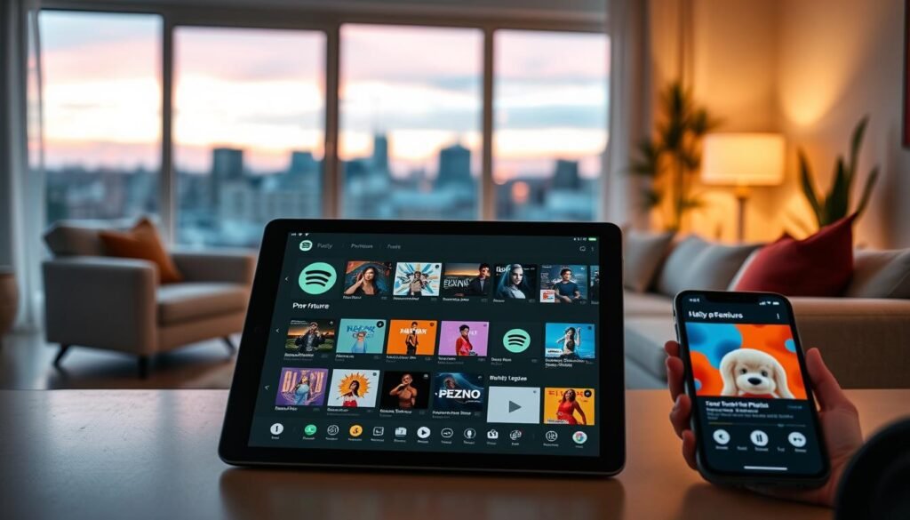 A sleek, modern digital interface showcasing Spotify's premium features prominently displayed on a tablet and smartphone, emphasizing the user-friendly navigation and vibrant album art. The foreground features close-up views of the devices, with colorful playlists and engaging interface elements glowing on the screens. The middle ground shows a cozy living room setting with soft ambient lighting, inviting tones, and minimalistic furniture that suggests relaxation. In the background, a window reveals a serene urban landscape at dusk, with the sunset casting warm hues, adding to the peaceful atmosphere. The overall mood is modern, lively, and inviting, highlighting the benefits and enjoyment of Spotify's premium offerings without any textual elements or distractions.