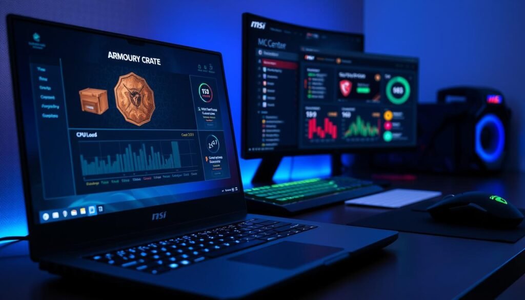 A sleek, modern digital workspace featuring two computer screens displaying the user interfaces of "Armoury Crate" and "MSI Center". In the foreground, focus on a high-performance gaming laptop with its screen vividly showcasing performance metrics and CPU load graphs, reflecting a gaming atmosphere. The middle ground features a well-organized desktop with RGB lighting, contrasting cool blue and green hues, enhancing a tech-savvy vibe. In the background, a softly blurred setup of gaming peripherals, including a mechanical keyboard and gaming mouse, adds depth. Use soft ambient lighting to create an energetic yet professional mood. Capture the scene from a slightly elevated angle, ensuring clarity and detail in the software interfaces without any text overlays or distractions.