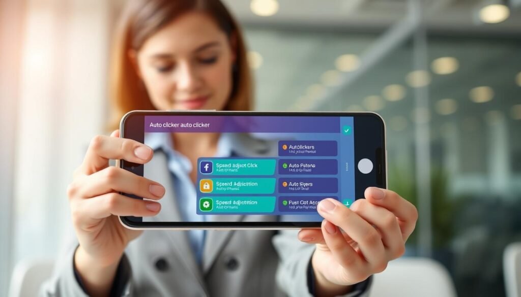 A sleek, modern smartphone displaying an auto clicker application interface. The screen is vibrant with colorful buttons and features highlighted, showcasing options like speed adjustments and click patterns. In the foreground, there’s a female business professional wearing smart casual attire, actively engaging with the app, tapping the screen with focus. The middle section reveals a blurred background of a modern office with soft, ambient lighting, emphasizing a productive atmosphere. The image reflects a sense of innovation and convenience, reinforcing the practicality of the auto clicker for gamers without root access. Use a shallow depth of field to keep attention on the phone and user, creating a dynamic and visually appealing composition.