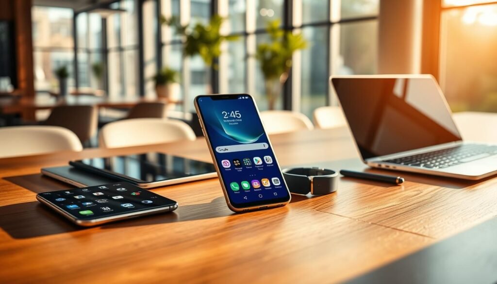 A sleek, modern workspace features a high-end smartphone displaying the latest One UI 6.1 update interface, placed on a polished wooden desk. Next to the phone, an array of compatible devices is neatly arranged: a tablet, a smart wearable, and a laptop, all emanating a harmonious tech aesthetic. The background showcases a bright, contemporary office environment with large windows allowing natural light to flood in, creating a vibrant atmosphere. Warm afternoon sun casts subtle shadows, enhancing the sleek lines of the devices. The scene captures a sense of connectivity and innovation, conveying the importance of having compatible devices for optimal software performance. The angle is slightly elevated, focusing on the devices with a bokeh effect in the background, emphasizing the subject's relevance.