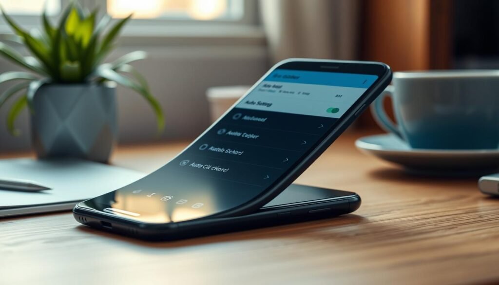 A sleek smartphone displaying an auto clicker application interface on its screen, placed on a wooden desk. The background features subtle hints of a cozy workspace, with a potted plant and a cup of coffee, suggesting productivity. The phone is angled slightly towards the viewer to highlight the app's buttons and settings. Soft, natural lighting floods the scene, creating a warm and inviting atmosphere. The focus is sharp on the phone, while the background is slightly blurred to emphasize the subject. The color palette consists of calming blues and greens, evoking a modern and efficient tech vibe. Overall, the image conveys a moody, focused environment ideal for productivity while using an auto clicker on Android.