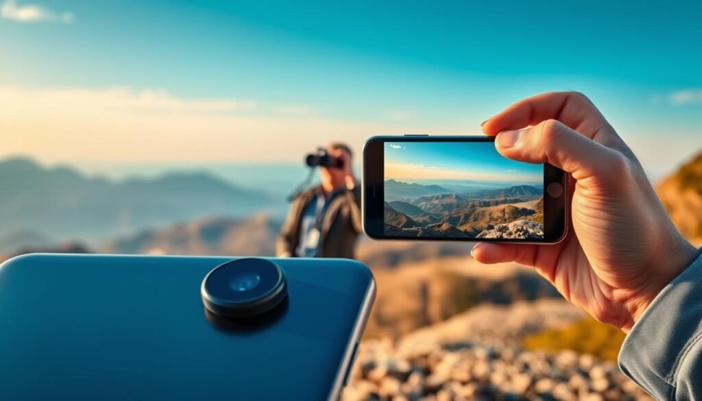 A smartphone featuring an advanced periscope zoom camera, juxtaposed with a traditional pair of binoculars, highlighting the superior clarity and zoom capabilities of the device. In the foreground, showcase the smartphone with a sleek design, focusing on the camera lens. In the middle ground, include a user handling the smartphone, dressed in professional casual attire, observing a distant landscape filled with mountains and a vast blue sky. In the background, depict vibrant scenery, illustrating the detailed view captured by the smartphone. Utilize natural lighting with a rich, warm atmosphere, evoking a sense of discovery and excitement in photography. The angle should be slightly tilted upwards, emphasizing the high zoom level of the periscope technology.
