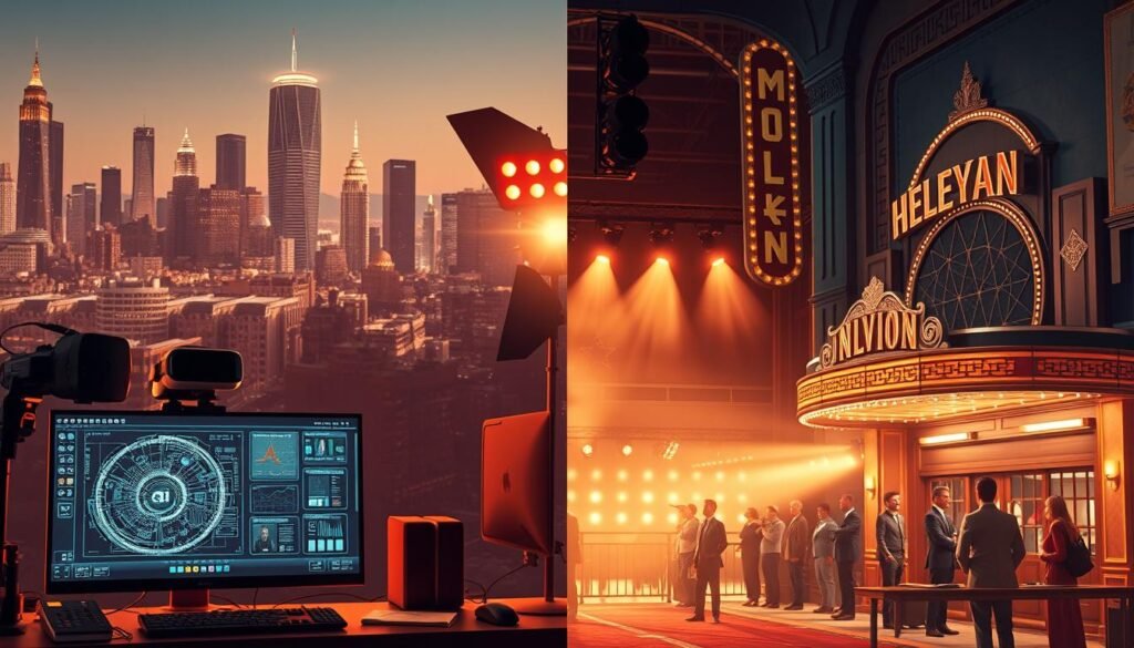 A split-image design contrasting AI video production and traditional filmmaking. In the foreground, a sleek AI workstation with a glowing monitor displaying complex algorithms, surrounded by digital tools like a VR headset and motion capture equipment. In the middle, a bustling film set with a traditional camera crew, lights, and actors in professional clothing engaged in a scene. The background features a gradient that transitions from a digital cityscape representing AI innovation on one side to a classic movie studio with an old-fashioned marquee on the other. Use warm lighting to create a sense of creativity and innovation, with a focus on sharp details to highlight the contrast in techniques and atmospheres. The mood should be dynamic and inspiring, reflecting the evolution of video production.