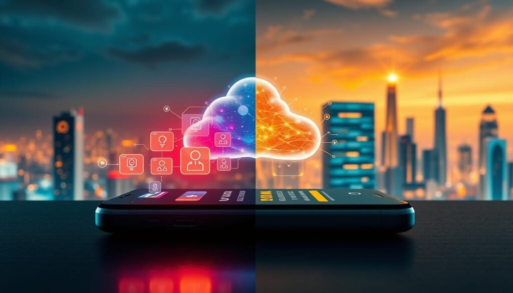 A split-scene image illustrating the role of AI on-device and in the cloud in software updates. In the foreground, depict a sleek, modern smartphone displaying vibrant, animated update icons, symbolizing on-device AI. The device is surrounded by subtle holographic elements representing speed and efficiency. In the middle ground, show a vibrant cloud infrastructure with interconnected servers, glowing with digital data streams, emphasizing cloud-based AI. The background features a futuristic city skyline, bathed in warm, inviting light, suggesting progress and innovation. Use a wide-angle lens perspective to capture the dynamic interaction between the two AI environments, invoking a sense of collaboration and cutting-edge technology. The overall mood is bright, optimistic, and inspiring.