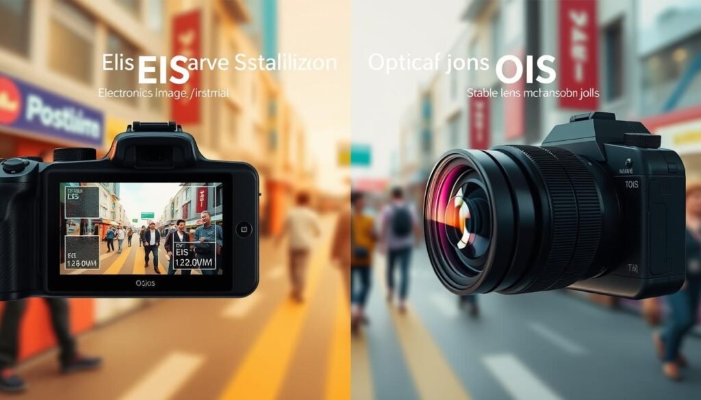 A split-screen illustration comparing Electronic Image Stabilization (EIS) and Optical Image Stabilization (OIS) techniques. In the foreground, a sleek camera with a lens focusing on a vibrant, dynamic scene, showcasing video footage stabilization. The left side displays EIS in action, with digital overlays representing electronic adjustments and motion correction, while the right side shows OIS, featuring a stable lens mechanism visually absorbing jolts. In the middle ground, blurred dynamic movement captures the contrast between the two methods, with the background depicting a bustling urban environment and soft, natural lighting that emphasizes the clarity in stabilized footage. The mood is technical yet engaging, inviting viewers to explore the differences in performance.