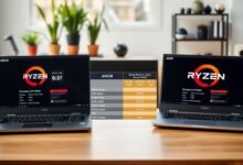 A split-screen image comparing laptop processors, featuring two AMD Ryzen laptop models side by side on a sleek, modern desk setup. In the foreground, focus on the laptops displaying detailed processor specifications on their screens, with close-up angles highlighting the performance metrics. The middle ground showcases a color-coded comparison chart of the Ryzen 8040 model versus its predecessor, emphasizing key differences in performance, power consumption, and features. Use bright, natural lighting to create a professional yet engaging atmosphere. The background should subtly blur a stylish office environment, with potted plants and soft-focus tech gadgets, allowing the laptops and chart to stand out as the focal point of this informative comparison.