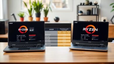 A split-screen image comparing laptop processors, featuring two AMD Ryzen laptop models side by side on a sleek, modern desk setup. In the foreground, focus on the laptops displaying detailed processor specifications on their screens, with close-up angles highlighting the performance metrics. The middle ground showcases a color-coded comparison chart of the Ryzen 8040 model versus its predecessor, emphasizing key differences in performance, power consumption, and features. Use bright, natural lighting to create a professional yet engaging atmosphere. The background should subtly blur a stylish office environment, with potted plants and soft-focus tech gadgets, allowing the laptops and chart to stand out as the focal point of this informative comparison.