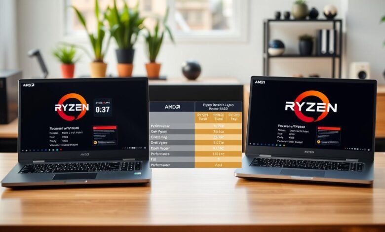 A split-screen image comparing laptop processors, featuring two AMD Ryzen laptop models side by side on a sleek, modern desk setup. In the foreground, focus on the laptops displaying detailed processor specifications on their screens, with close-up angles highlighting the performance metrics. The middle ground showcases a color-coded comparison chart of the Ryzen 8040 model versus its predecessor, emphasizing key differences in performance, power consumption, and features. Use bright, natural lighting to create a professional yet engaging atmosphere. The background should subtly blur a stylish office environment, with potted plants and soft-focus tech gadgets, allowing the laptops and chart to stand out as the focal point of this informative comparison.