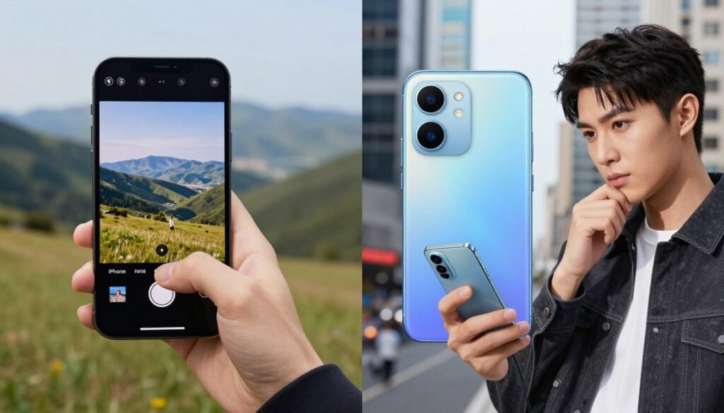 A split-screen image illustrating the pros and cons of mobile phones. On the left, showcase a sleek iPhone 12 Pro, highlighting its camera capabilities with a vibrant, well-lit photograph of a scenic landscape captured in stunning detail. The foreground features a person in professional attire examining the camera settings, emphasizing the strengths of the iPhone. On the right, display a mid-range Android phone against a contrasting backdrop, perhaps a bustling cityscape, to showcase its features. The foreground includes another individual in smart casual clothing, looking thoughtfully at the phone, representing its limitations. Soft, natural lighting enhances the scene, creating a balanced atmosphere that encourages comparison. The overall mood should be professional and informative, inviting the viewer to analyze the differences.