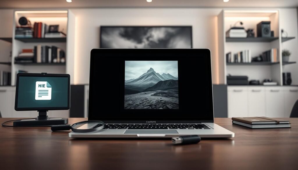 A step-by-step visualization of the steganography process, showcasing an elegant workspace with a focus on a computer screen displaying encoded images. In the foreground, a sleek laptop is open, showing a graphical interface where a file is being hidden within a photo. Beside it, a magnifying glass and a USB drive symbolize the insertion of data. In the middle, a large photo containing subtle digital changes is displayed, demonstrating the transformed image. The background features a softly lit room with shelves filled with tech books and gadgets, creating a modern and intellectual atmosphere. The lighting is bright but soft, highlighting the details without harsh shadows. The overall mood is focused and tech-savvy, ideal for illustrating the steps in digital data concealment.