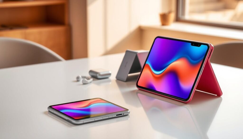 A stylish and modern setting showcasing three folded smartphones in various colors, each prominently displayed on a sleek, minimalist table. The foreground features one smartphone open, revealing its vibrant display, while the other two are closed, presenting their elegant designs. The middle ground includes subtle accessories like a pair of earbuds and a compact charger, highlighting the tech-savvy theme. The background is softly blurred to emphasize the devices, with warm, natural lighting creating an inviting atmosphere. The image should evoke a sense of innovation and sophistication in the world of foldable technology, appealing to modern consumers seeking practical yet stylish devices.