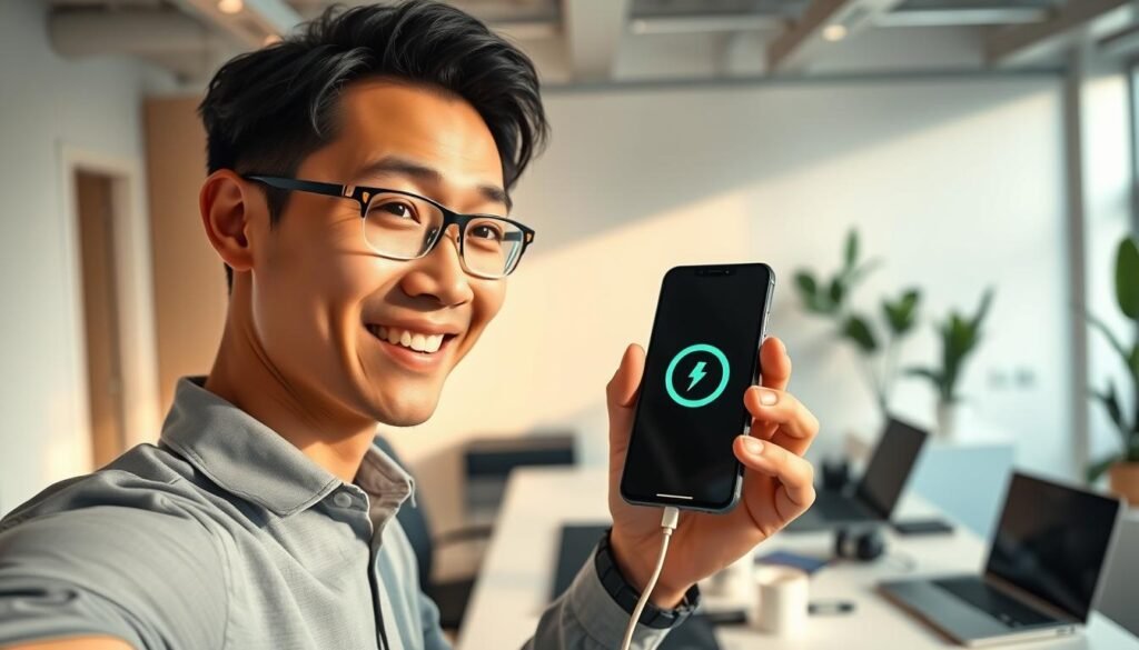 A user demonstrating a modern smartphone in a bright, well-lit office environment, showcasing their enthusiasm for its fast charging capabilities. In the foreground, a mid-30s Asian male wearing a smart casual outfit holds the smartphone, displaying its screen with an excited expression. The middle ground features a sleek desk with minimal clutter, showcasing tech gadgets and a laptop. The background is slightly blurred, revealing an aesthetically pleasing workspace with plants and soft lighting, creating a warm yet professional atmosphere. The scene captures a sense of innovation and user satisfaction, with a focus on the smartphone's design and features, emphasizing a tech-savvy vibe. The angle is dynamic, showing the user's face while displaying the smartphone prominently.