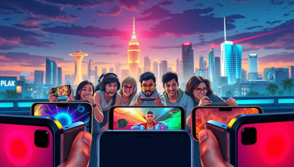 A vibrant and dynamic illustration depicting the impact of the gaming smartphone market. In the foreground, showcase an array of sleek mid-range gaming smartphones, highlighting their advanced features, such as high-refresh-rate screens and RGB lighting. In the middle ground, include a diverse group of gamers engrossed in an intense multiplayer game, each wearing modern and casual attire, conveying excitement and collaboration. The background should feature a futuristic cityscape at dusk, with neon lights and technology elements, symbolizing innovation and advancement in the smartphone industry. Use bright, contrasting colors and dramatic lighting to create an energetic atmosphere. Capture the scene from a slightly elevated angle to give a sense of depth and immersion.
