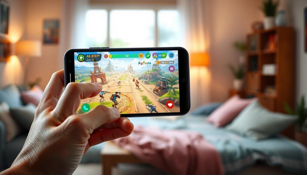 A vibrant and engaging digital artwork showcasing a user-friendly Android mobile screen displaying an offline game with captivating graphics. In the foreground, a hand holds the smartphone, fingers poised over the screen with joyful anticipation. In the middle ground, the game interface comes alive with action-packed visuals, including colorful characters and dynamic landscapes, emphasizing the essence of a 50-hour gameplay experience. The background hints at a cozy home environment with soft ambient lighting, suggesting relaxation and leisure. The mood is inviting and intriguing, evoking excitement for gamers who enjoy offline adventures. Capture this scene with a bright, cheerful color palette and a slightly angled perspective to create depth and immersion. No text elements should be present in the image.