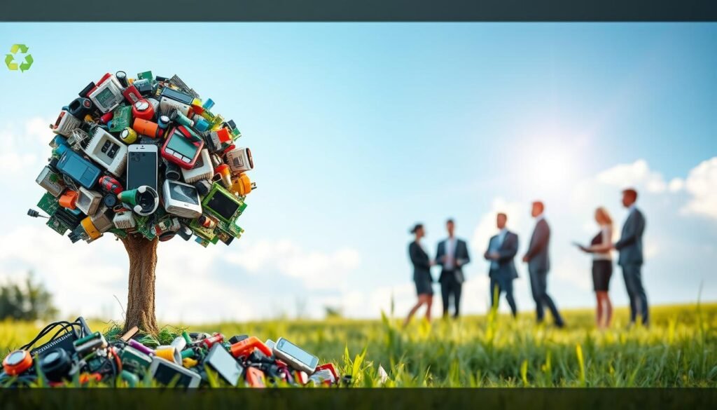 A vibrant and informative scene showcasing the environmental benefits of electronic waste recycling. In the foreground, an assortment of colorful e-waste components like circuit boards, smartphones, and laptops, creatively arranged to form a stylized tree, symbolizing growth and sustainability. The middle ground features a diverse group of professionals in business attire, discussing the recycling process and its positive impact on the environment. In the background, a bright, clear sky enhances the feel of a clean and green future, with hints of lush greenery and recycling symbol artfully integrated into the landscape. Soft, natural lighting illuminates the scene, creating a hopeful and inspiring atmosphere, while a slight focus on the professionals conveys a sense of urgency and commitment to e-waste recycling.