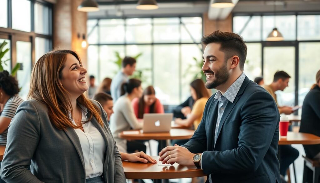 A vibrant and inviting scene in a cozy, modern café, filled with diverse groups of people engaged in face-to-face conversations, emphasizing the idea of strengthening real-world social connections. In the foreground, a pair of friends laughing and sharing a moment, both dressed in smart casual attire, with warm expressions. In the middle, a small group gathered around a laptop, collaborating on a project, showcasing teamwork and interaction. The background features large windows allowing soft natural light to illuminate the room, creating a comfortable atmosphere. Use a soft focus lens effect to highlight the warmth and intimacy of the moment, evoking feelings of camaraderie and community in this social space.