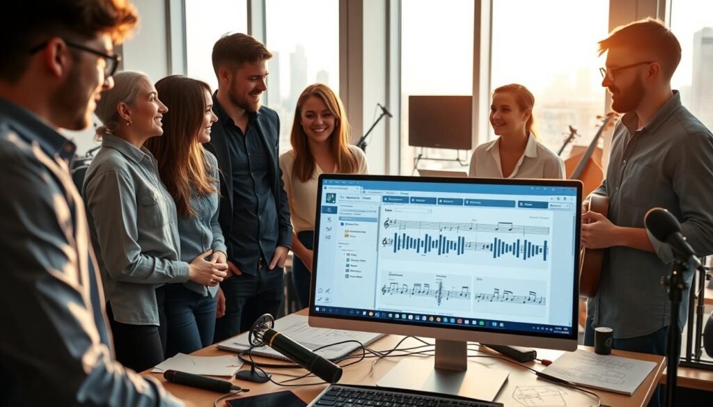 A vibrant digital workspace showcasing the customization of a music platform. In the foreground, a sleek computer screen displays an intuitive interface with musical notes and soundwave graphics. Surrounding the screen are professional designers in modest casual clothing, engaged in animated discussion. In the middle ground, a bright, airy room filled with creative tools: microphones, instruments, and sketches of music concepts. The background features large windows revealing a city skyline, with soft natural light streaming in, creating a warm and inspiring atmosphere. The entire scene is captured from a slight angle to emphasize collaboration and creativity, evoking a sense of innovation and artistic exploration.