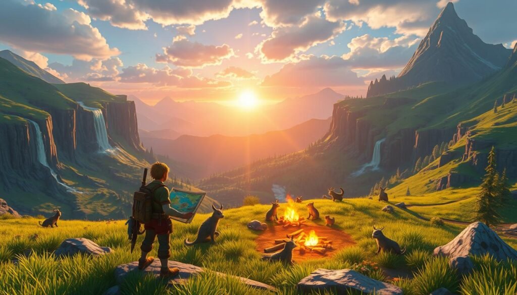 A vibrant fantasy landscape inspired by the aesthetics of "Breath of the Wild," showcasing a rugged, expansive terrain filled with lush green hills, distant mountains, and mystical forests. In the foreground, a brave adventurer clad in modest, casual attire holds a colorful map, looking towards a stunning waterfall cascading down rocky cliffs. In the middle ground, a small campfire crackles with warmth and inviting light, surrounded by various fantastical creatures peeking curiously. The background features a brilliant sunset, casting golden rays that illuminate the scene, creating an adventurous and serene atmosphere. The image captures the essence of exploration and discovery in a breathtaking fantasy world, with a focus on natural beauty and adventure.