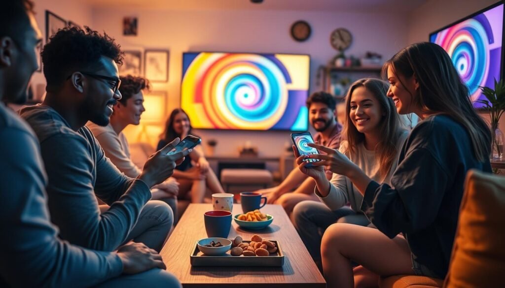 A vibrant, nostalgic scene depicting a diverse group of young adults engaging with their smartphones, gathered in a cozy living room filled with colorful decor. In the foreground, two friends excitedly demonstrate the new video looping app, their expressions a mix of surprise and delight. The middle ground features a stylish coffee table with snacks, casting soft shadows that add warmth. In the background, a large screen displays abstract loops reminiscent of video content from the original Vine platform, with a soft, glowing light illuminating the room. Capture this moment with a wide-angle lens to emphasize the lively interaction and a soft focus to convey a strong sense of digital nostalgia, highlighting the joyful community atmosphere. The mood is vibrant and engaging, evoking fond memories of creativity and connection.