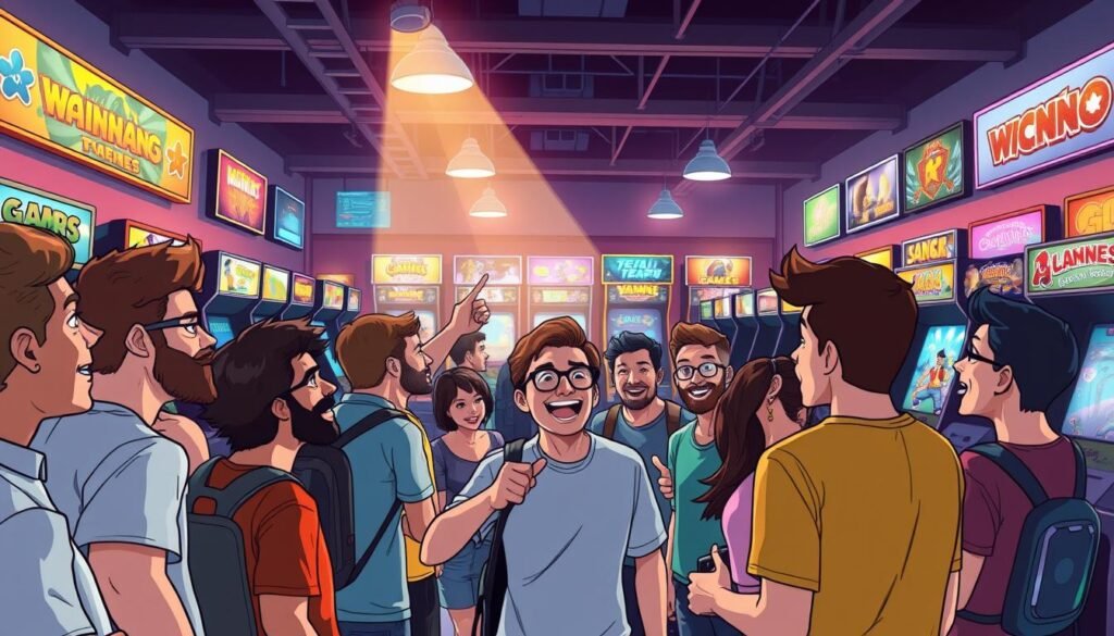 A vibrant scene capturing the excitement of a gaming community reacting to the discovery of an enormous arcade hall filled with classic cabinet games. In the foreground, a diverse group of gamers—men and women of various ethnicities—are animatedly discussing and pointing towards an impressive row of retro arcade machines, their faces lit with joy and nostalgia. The middle ground showcases the arcade cabinets, adorned with colorful artwork and illuminated screens showcasing iconic games. In the background, the ambient glow of neon lights reflects off the walls, creating a lively atmosphere reminiscent of a 1980s arcade. Dramatic overhead lighting highlights the scene, creating a sense of excitement and energy. The overall mood is joyful and celebratory, embodying the spirit of gaming culture.