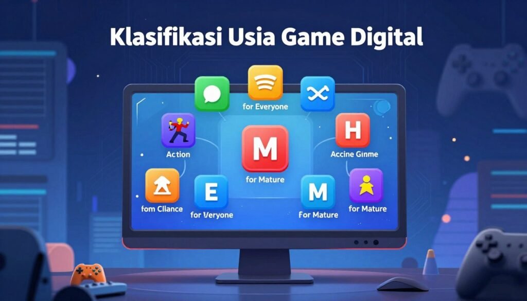 A visual representation of "Klasifikasi Usia Game Digital" featuring a modern, engaging infographic style. In the foreground, display a sleek computer monitor showcasing various age classifications for digital games, such as "E for Everyone" and "M for Mature." The middle layer includes colorful icons representing different genres of games, like action, puzzle, and adventure, arranged harmoniously around the monitor. The background consists of a stylized, abstract technology-themed landscape with digital elements like circuit patterns and game controller silhouettes. Soft, dynamic lighting illuminates the scene, creating an inviting and informative atmosphere. Use a slight low angle to emphasize the monitor, giving the viewer a sense of importance and authority on the subject.