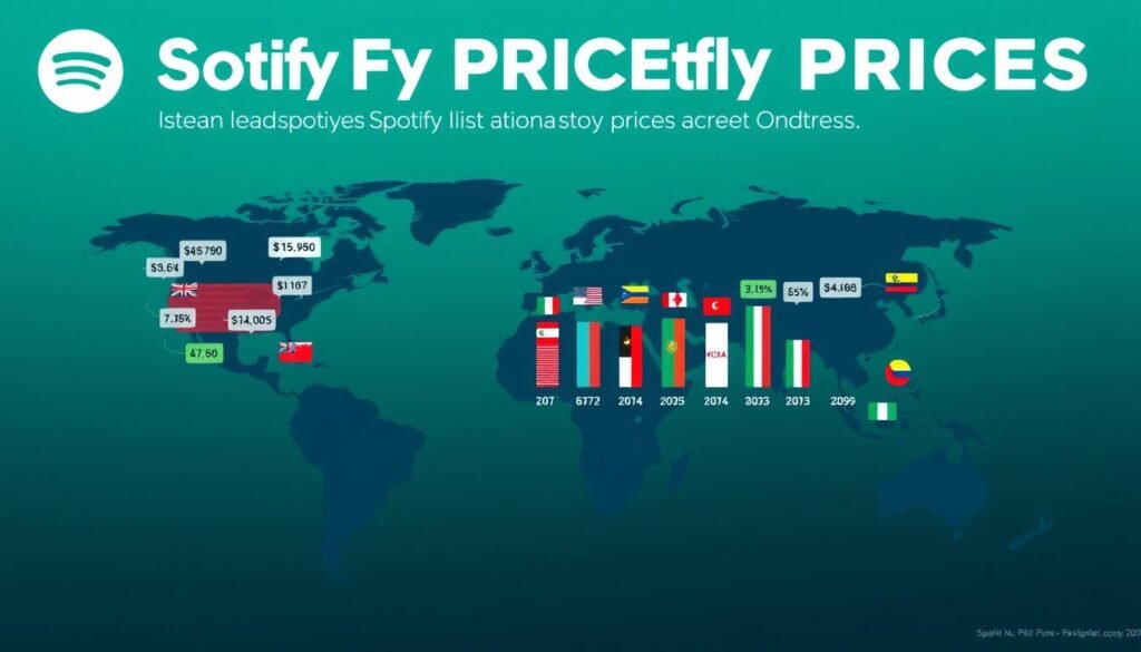 A visually compelling infographic depicting the rise in Spotify prices across various countries. In the foreground, a world map highlighting key countries with varying Spotify price tags displayed prominently. In the middle ground, illustrated bar graphs or charts representing the price increases, each bar adorned with flags of the respective countries. The background features a soft gradient of colors that transitions from dark blue to light green, hinting at a global connection through music. The scene is well-lit to emphasize the details, using a wide-angle lens perspective to create an expansive feel. The atmosphere is informative yet engaging, aiming to capture the reader's interest in the subject of streaming service pricing.