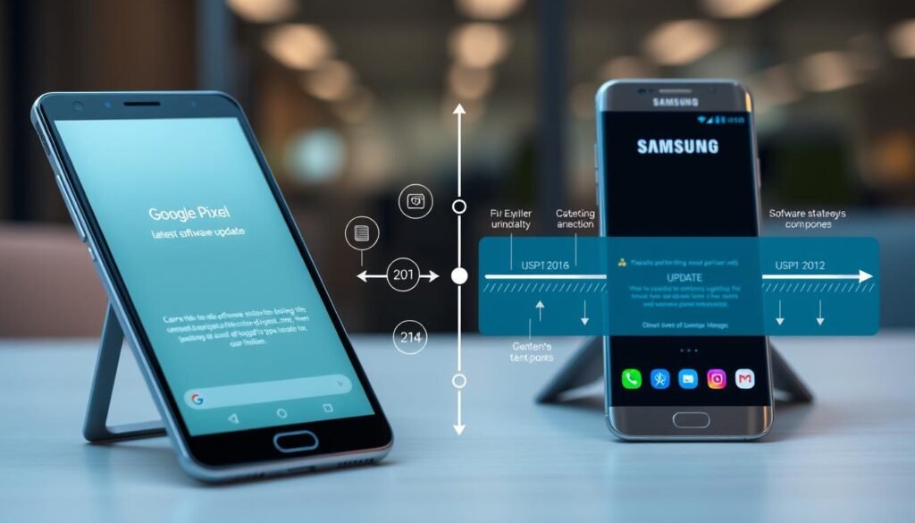 A visually engaging comparison scene depicting the software update strategies of Google Pixel and Samsung smartphones. In the foreground, a Google Pixel phone, sleek and modern, showcases the latest software update interface, illuminated by soft, cool lighting. Beside it, a Samsung phone displays its update process, surrounded by icons representing various features. The middle ground features a subtle infographic style, illustrating the differing update timelines with timelines and arrows, all in a cohesive color palette of blues and greens to symbolize technology. The background consists of a blurred office setting, accentuating a professional atmosphere. The mood is informative and tech-forward, perfect for analyzing the differences between the two companies’ approaches to software updates. A slight overhead angle highlights both devices effectively.