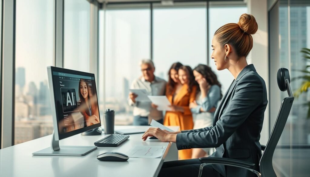A visually engaging scene depicting the accessibility of AI in video production. In the foreground, a professionally dressed female videographer is seated at a sleek desk, using a high-tech computer with AI software interface visible on the screen. In the middle, diverse individuals collaborate, looking at storyboard sketches and discussing ideas together in a modern, well-lit office space. The background features a large window showing a city skyline, suggesting innovation and technology. The atmosphere is vibrant and creative, filled with an inspiring energy. Soft natural light filters through the window, enhancing the modern aesthetic, while a subtle depth of field effect emphasizes the subjects in focus. The overall mood conveys excitement about the possibilities of AI in transforming video creation, illustrating the ease and efficiency of the process.