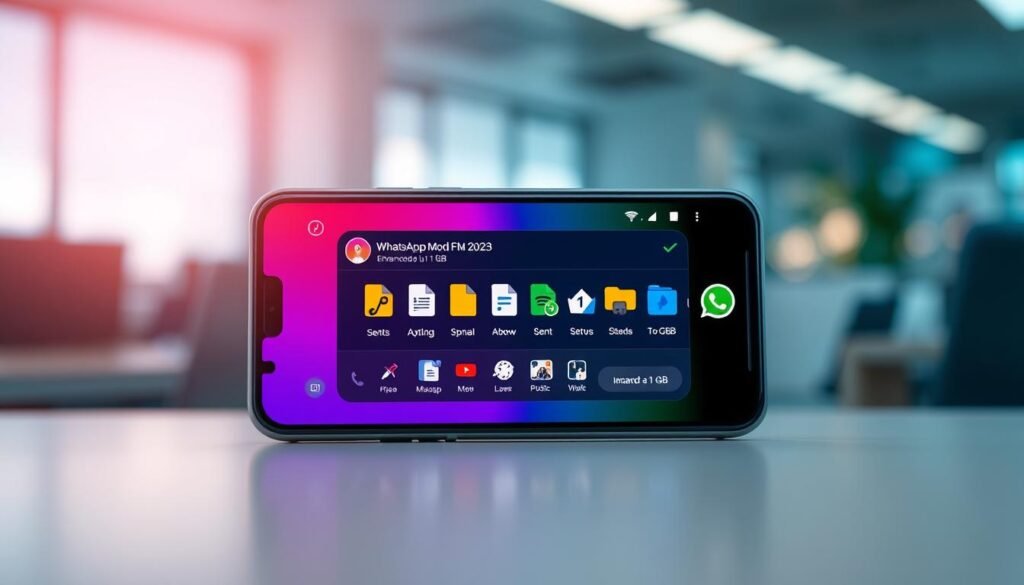 A visually striking and detailed digital representation of the enhanced messaging features of a WhatsApp Mod application. In the foreground, a sleek smartphone displays the vibrant interface of WhatsApp Mod FM 2023, showcasing colorful message bubbles and an enhanced status feature with file transfer icons. The middle layer features an array of file types being sent, including documents and images, illustrating the app's capability to send files up to 1 GB. The background fades into a blurred modern workspace setting, with soft, diffused lighting creating a professional atmosphere. The scene is set at a slight angle, capturing both the phone and the dynamic background, evoking a sense of innovation and connectivity. The overall mood is energetic and cutting-edge, reflecting the advancements in communication technology.
