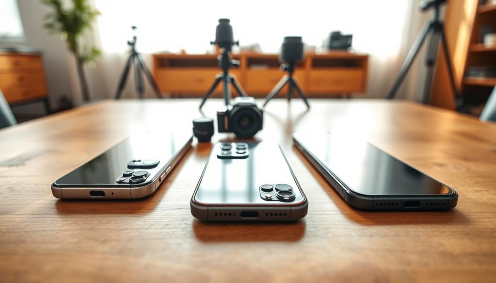 A visually striking comparison image showcasing three smartphones laid out on a wooden table, emphasizing their 1-inch camera sensors. Each smartphone should have its camera module prominently displayed, with a close-up on the lenses to highlight the size. The foreground features the phones at varying angles to create depth, while the middle ground includes blurred camera accessories like lenses and tripods for context. The background subtly includes a bright, airy room with natural light streaming through a window, enhancing the overall clarity and brightness of the image. The atmosphere should feel modern and professional, inviting viewers to explore the technology behind these devices.
