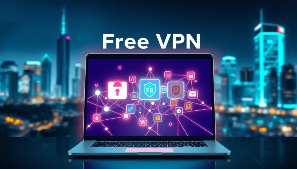 A visually striking illustration of a digital landscape representing "free VPN" services. In the foreground, a modern laptop displaying interconnected networks with glowing lines symbolizing secure data transfer. The middle layer features abstract icons of various VPN applications, depicted as colorful, dynamic shapes, signifying their functionality. The background is a sleek, tech-inspired city skyline, illuminated with cool blue and green tones, hinting at cyberspace. Soft, ambient lighting enhances the futuristic feel, while a slight blur effect gives depth to the scene, ensuring the foreground elements pop. The overall mood is professional yet inviting, conveying trust and innovation in online security. No text or logos included.