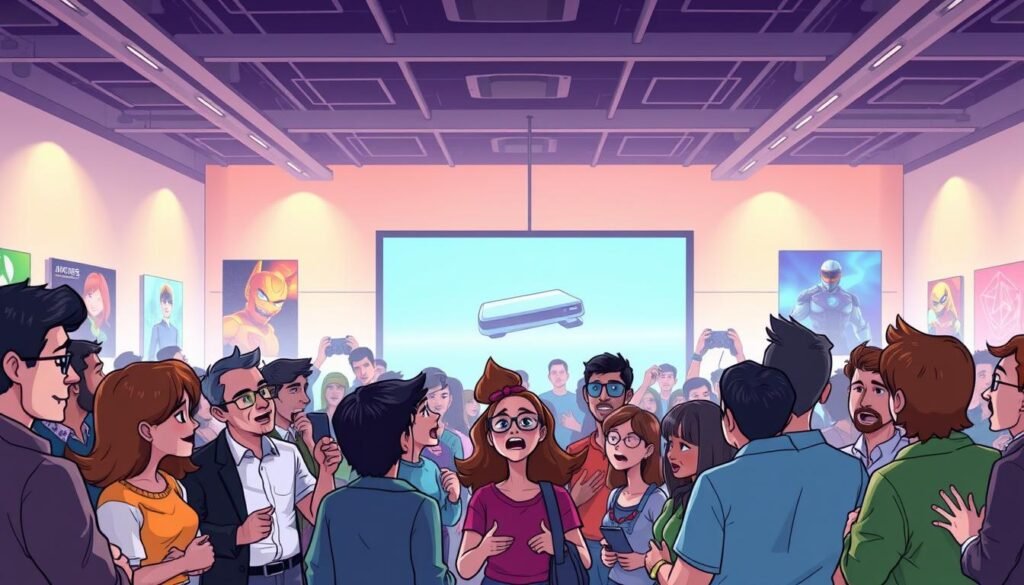 A vivid scene depicting a diverse group of game developers and excited fans gathered in a modern, well-lit conference room, expressing their mixed emotions over the cancellation of a much-anticipated gaming console. In the foreground, several individuals, including developers in professional business attire and gamers in casual clothing, are engaged in animated discussions, with expressions of disappointment, surprise, and excitement. The middle ground features a large screen displaying images of the console, while colorful posters and banners line the walls, showcasing gaming culture. In the background, soft lighting enhances the atmosphere, resonating with a sense of disbelief and vibrant discussion among the crowd. The overall mood is a blend of nostalgia and anticipation, with a warm color palette that invites engagement. The camera angle is slightly elevated, capturing the buzz of reactions in a dynamic way.